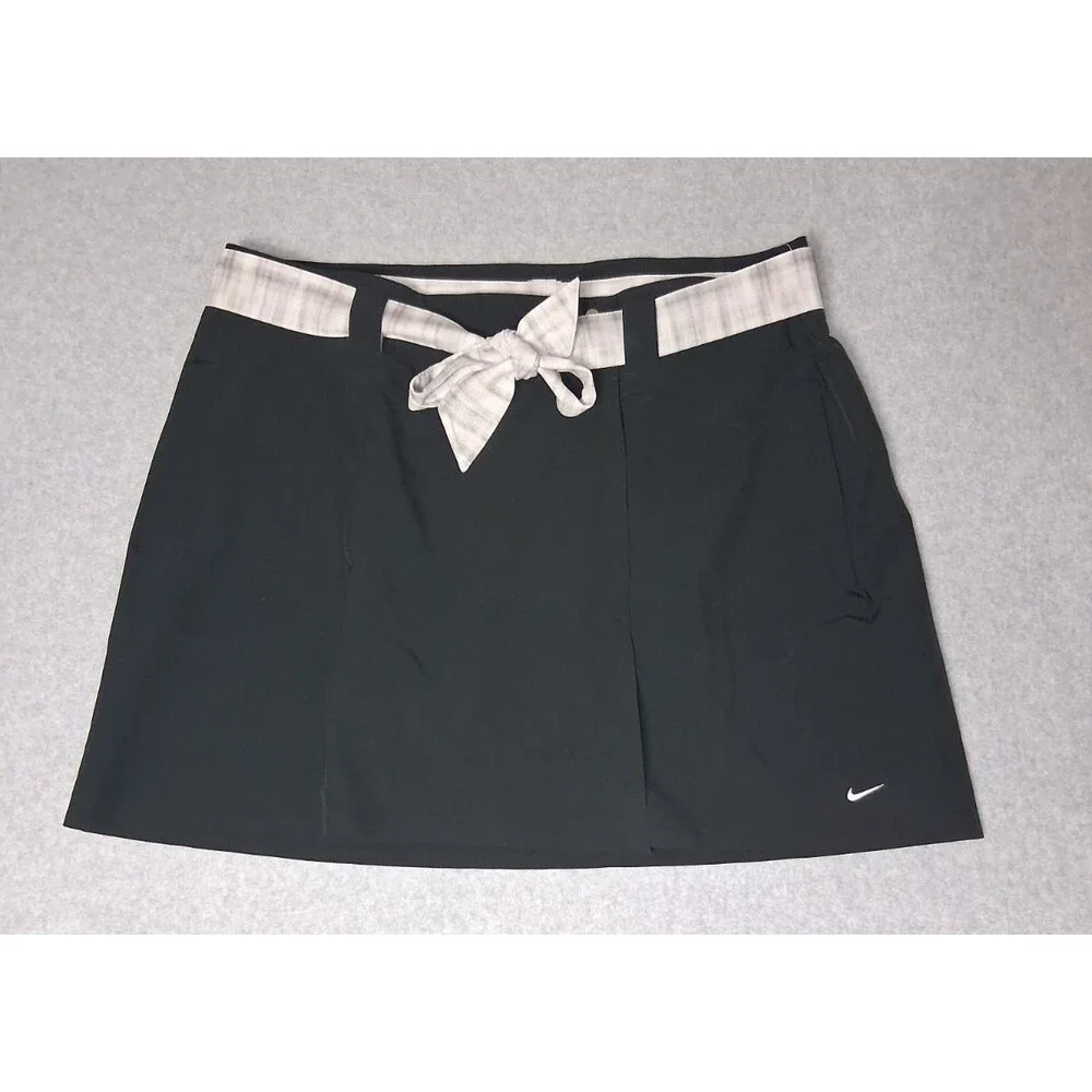 Nike Golf Dri-Fit Black Wrap Skort Size 14 Tie Waist Plaid Belt Tennis Athletic